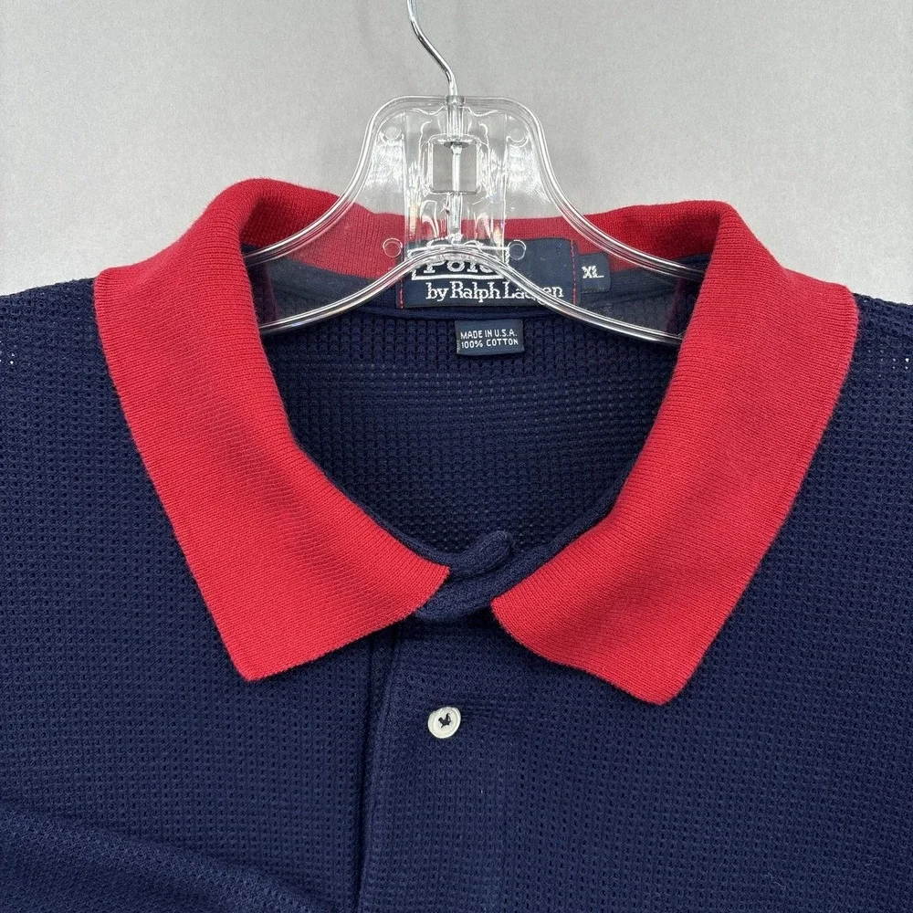 Vintage Polo Ralph Lauren Polo Shirt Mens XL Navy Red Collar Waffle Knit USA 90s